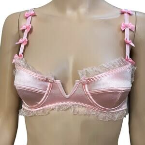 Sugar Thrills Satin Bow Bra XS Pink Coquette Ruffle Underwired Burlesque Fairy
